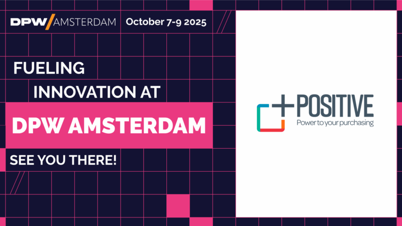 Positive Purchasing logo on bright pink and navy background.