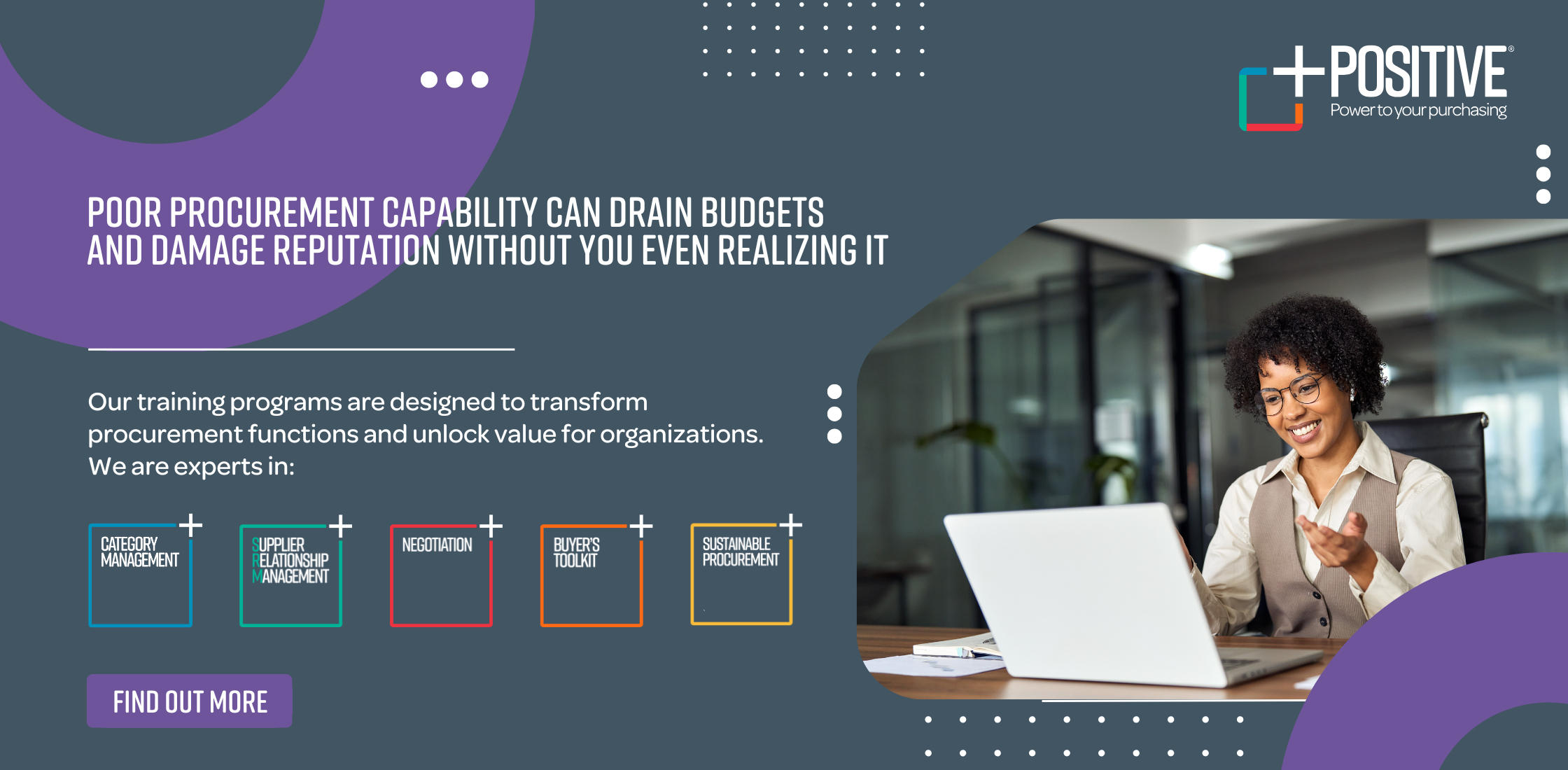 Positive Purchasing procurement training promotion. Woman on laptop attending training course, grey and purple